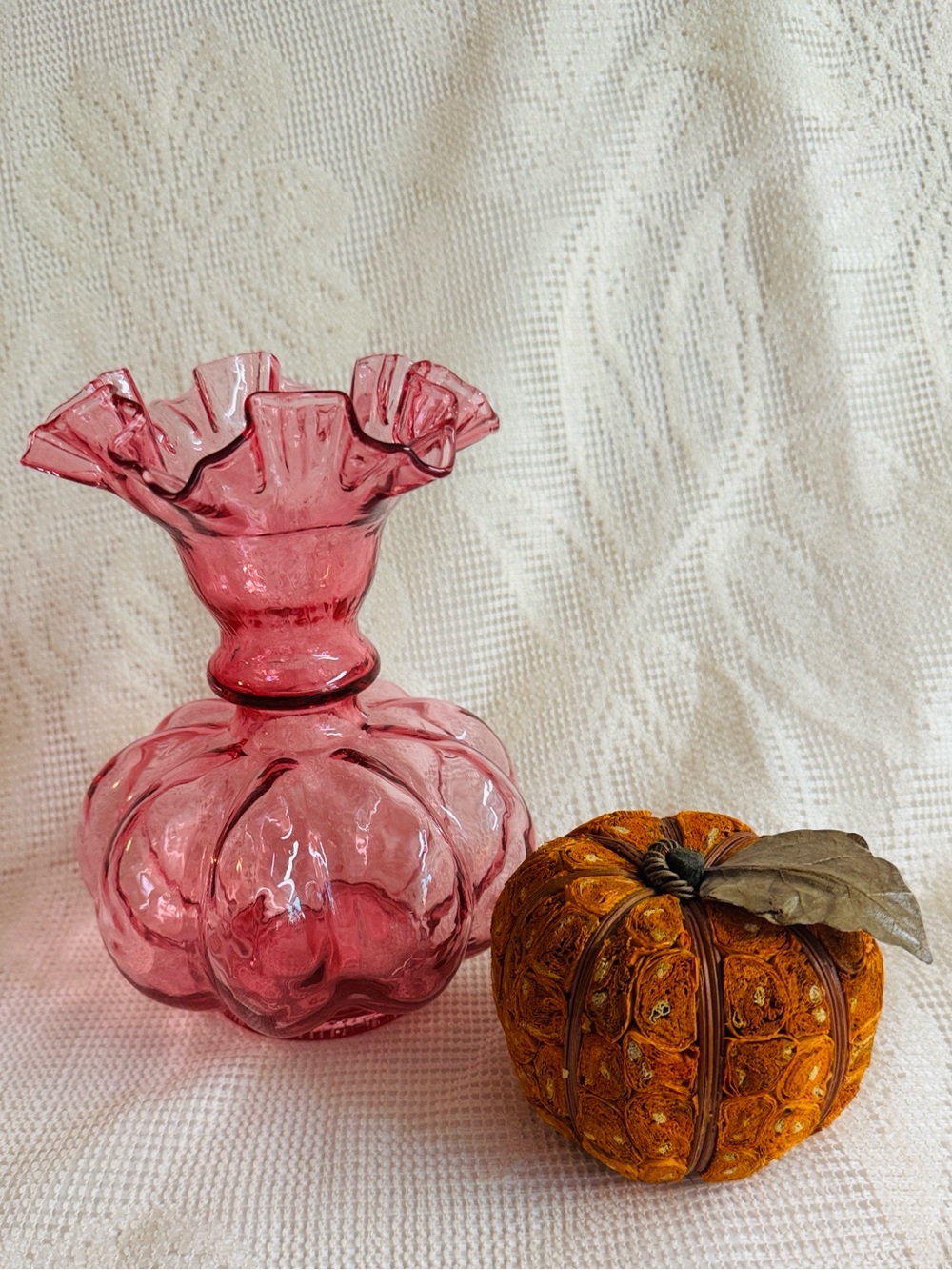 Vintage 50s  Fenton Cranberry Diamond Optic Melon Vase.Pink Ruffled.